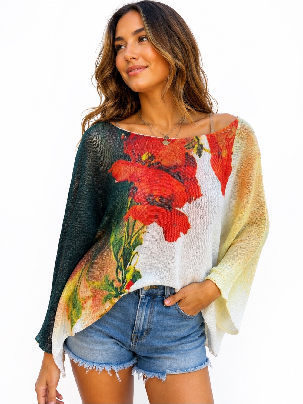 208.Made In 🇮🇹 Italy Floral Lightweight Ombre Knit Top - Red & Green